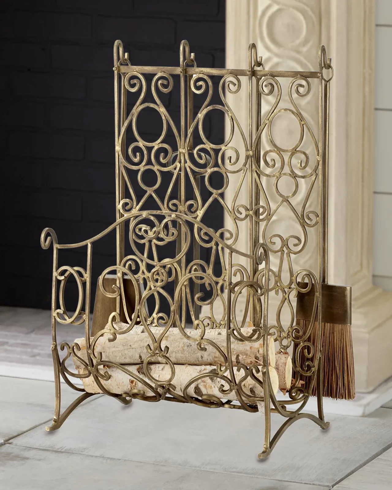 Dr. Livingston Scroll Log Holder & 3-Piece Fireplace Tool Set