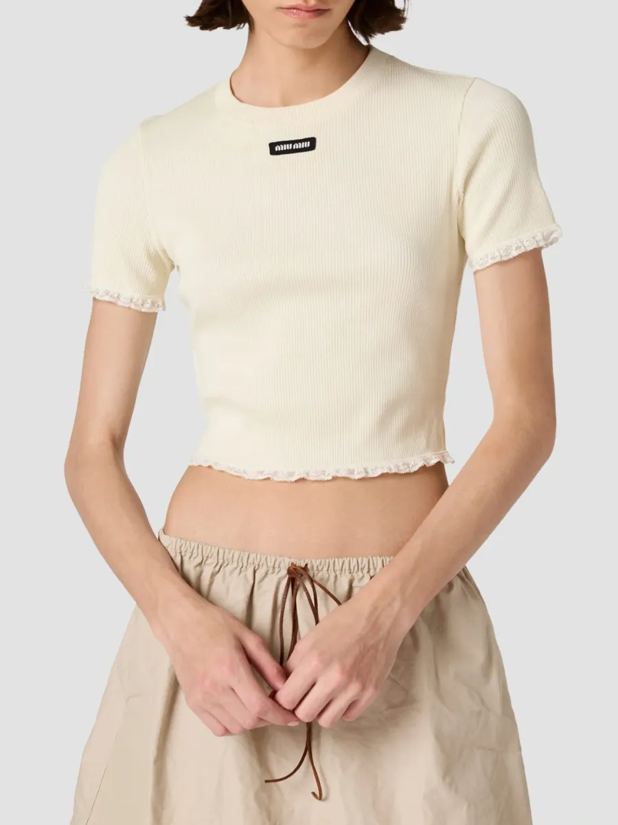 Miu Miu Women's Ribbed Jersey T-Shirt | Thumbnail 2 Miu Miu Women's Ribbed Jersey T-Shirt | Thumbnail 2