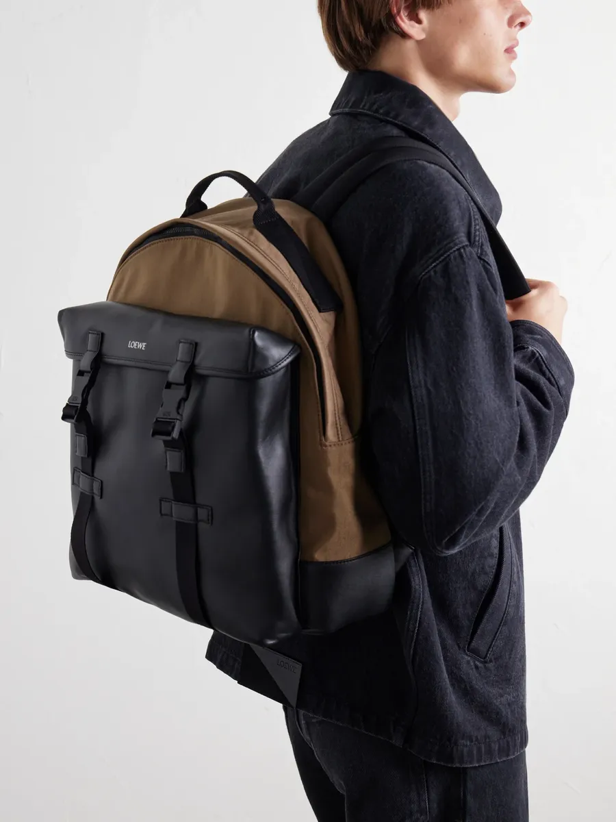 Loewe Logo-Print Canvas-Trimmed Leather Backpack - Men | Thumbnail 3