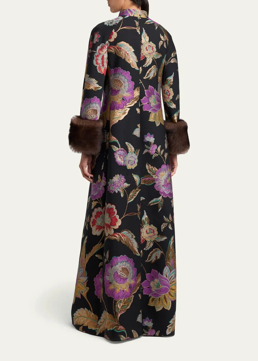 Valentino Garavani Sheep Shearling-Cuffs Metallic Floral Jacquard Long Coat | Thumbnail 3 Valentino Garavani Sheep Shearling-Cuffs Metallic Floral Jacquard Long Coat | Thumbnail 3