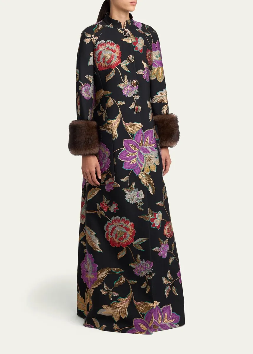 Valentino Garavani Sheep Shearling-Cuffs Metallic Floral Jacquard Long Coat | Thumbnail 4 Valentino Garavani Sheep Shearling-Cuffs Metallic Floral Jacquard Long Coat | Thumbnail 4