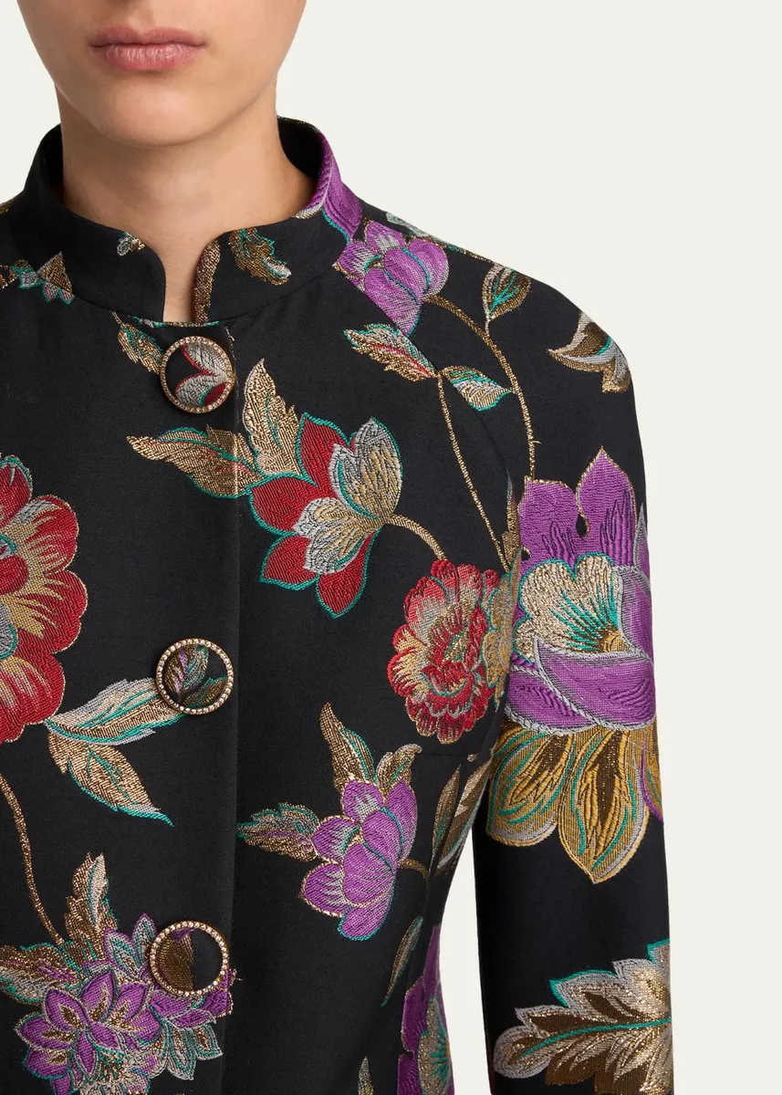 Valentino Garavani Sheep Shearling-Cuffs Metallic Floral Jacquard Long Coat | Thumbnail 5 Valentino Garavani Sheep Shearling-Cuffs Metallic Floral Jacquard Long Coat | Thumbnail 5