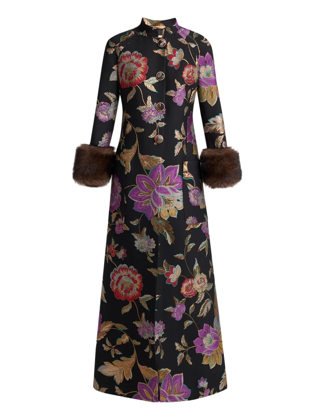 Sheep Shearling-Cuffs Metallic Floral Jacquard Long Coat Sheep Shearling-Cuffs Metallic Floral Jacquard Long Coat