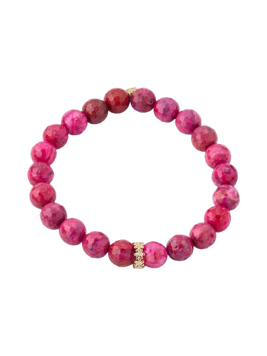 14K Diamond 8mm Tiny Daisy Rondelle on Agate Bead Bracelet