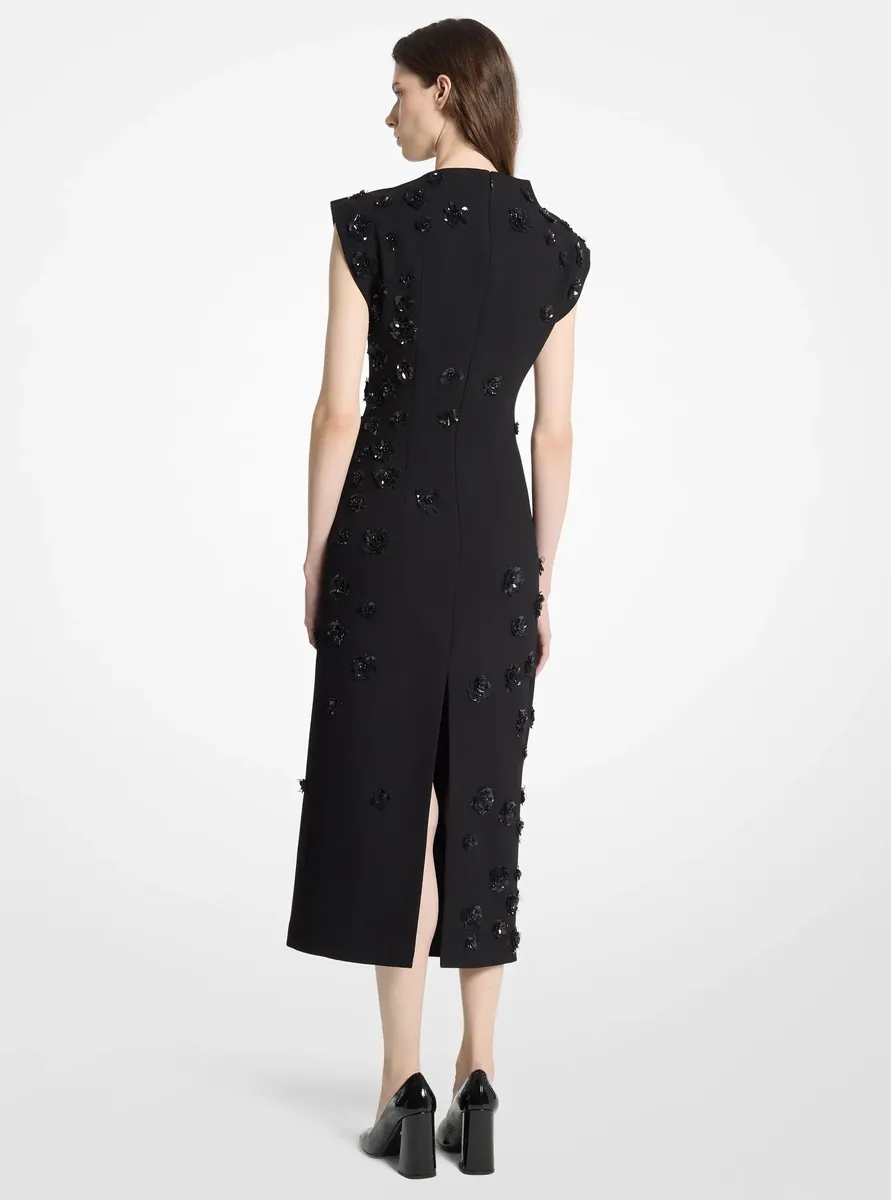 Michael Kors Collection Hand-Embroidered Floral Stretch Bouclé Crepe Sheath Dress in Black | Thumbnail 2
