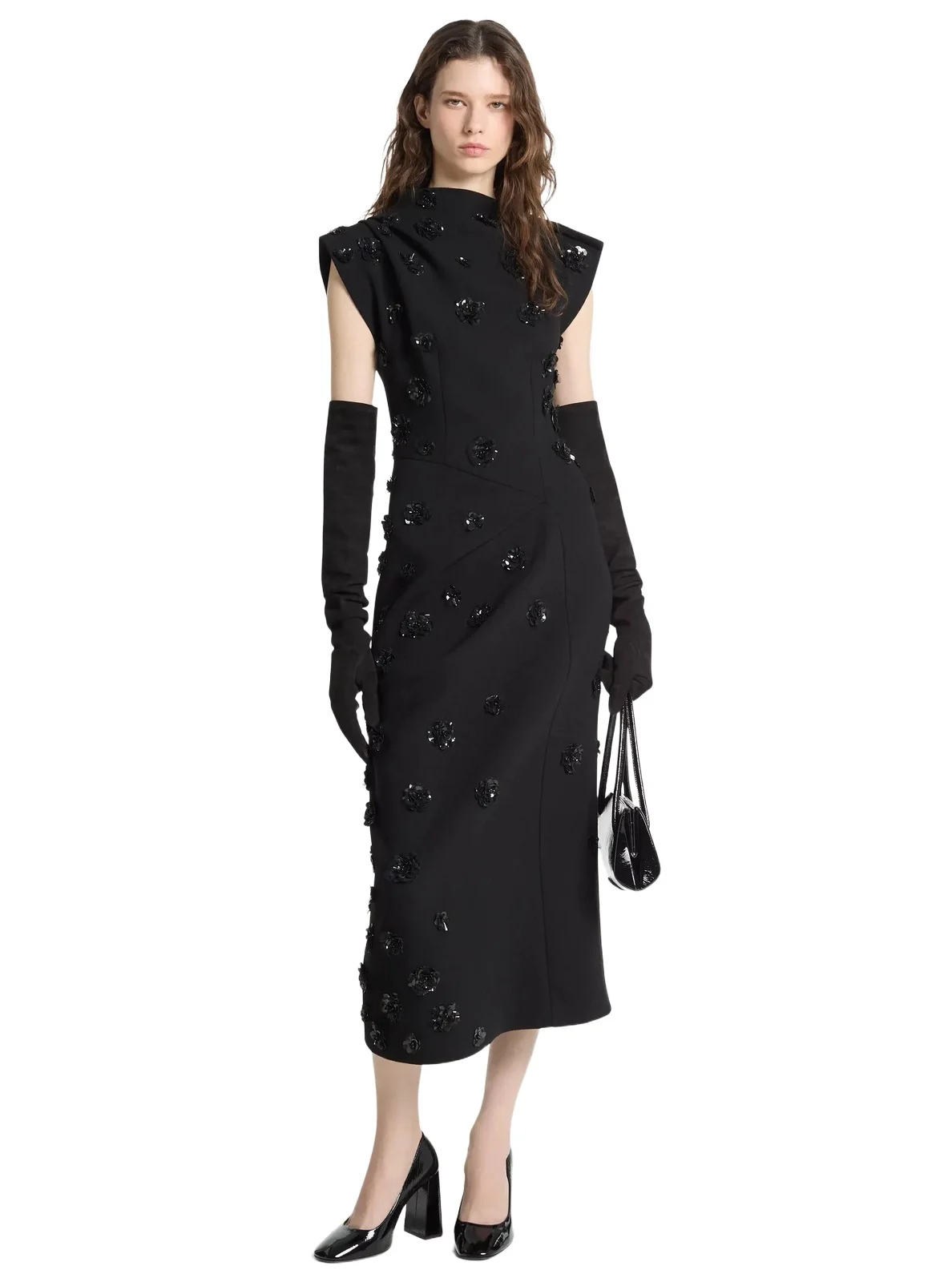 Michael Kors Collection Hand-Embroidered Floral Stretch Bouclé Crepe Sheath Dress in Black