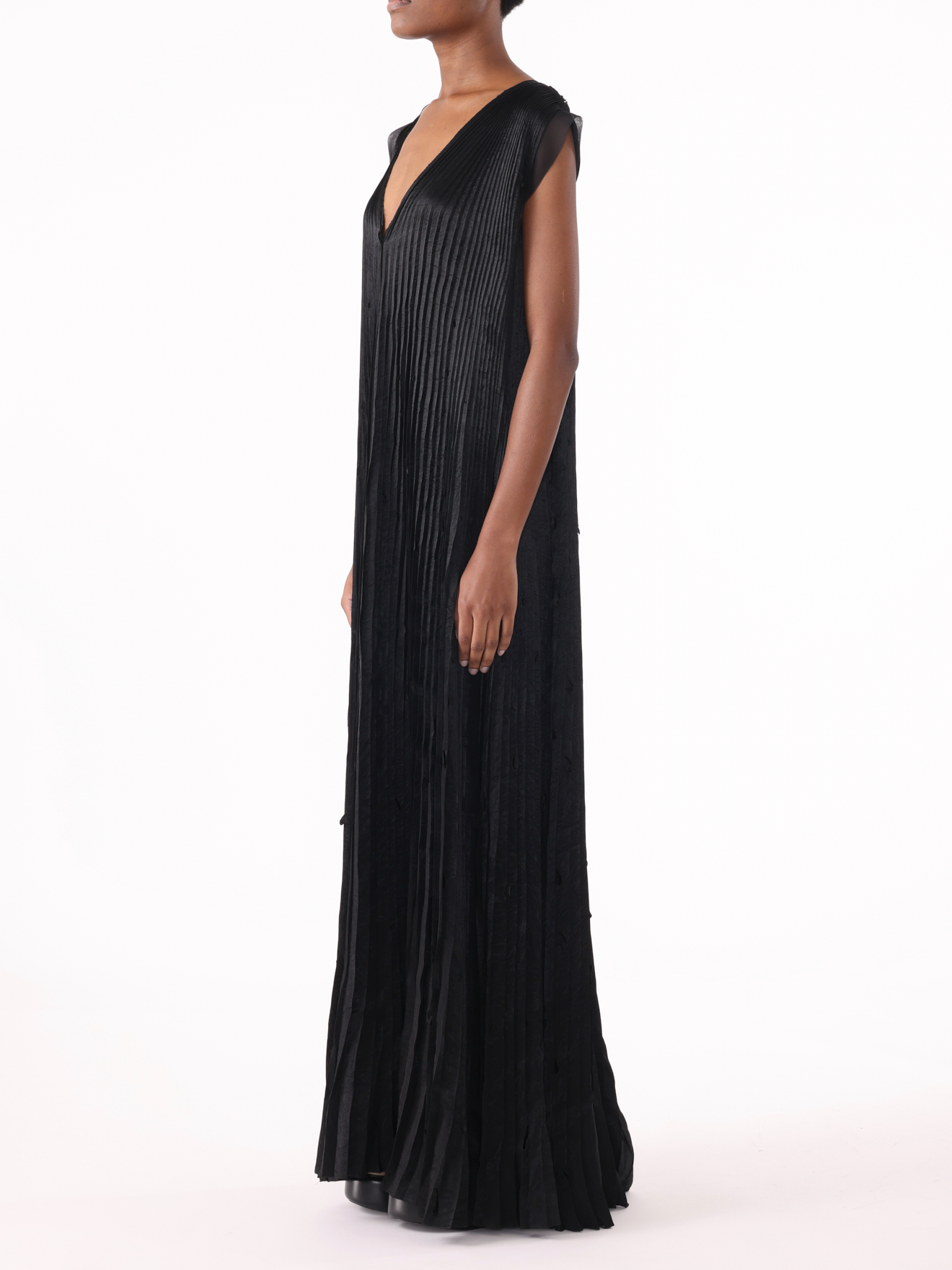 Jason Wu Collection PRE-ORDER V-Neck Crinkled Satin Pleated Trapeze Dress | Thumbnail 3