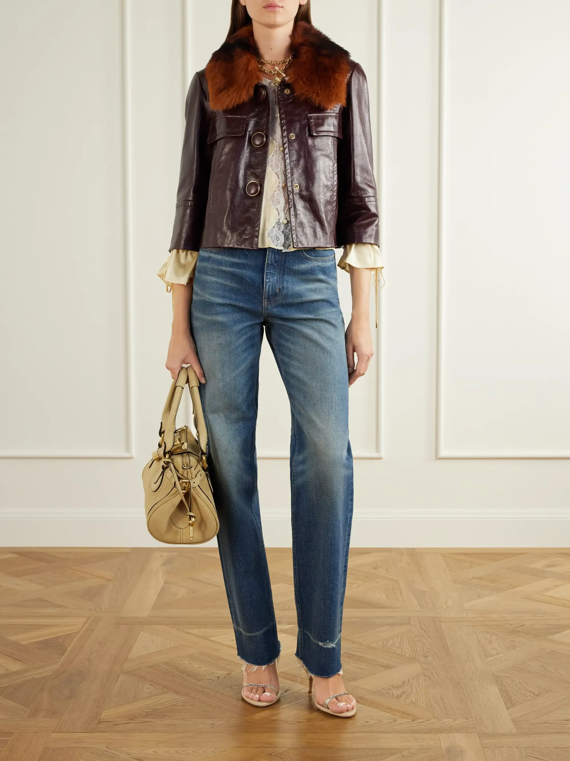 Chloé Cropped shearling-trimmed leather jacket | Thumbnail 2 Chloé Cropped shearling-trimmed leather jacket | Thumbnail 2