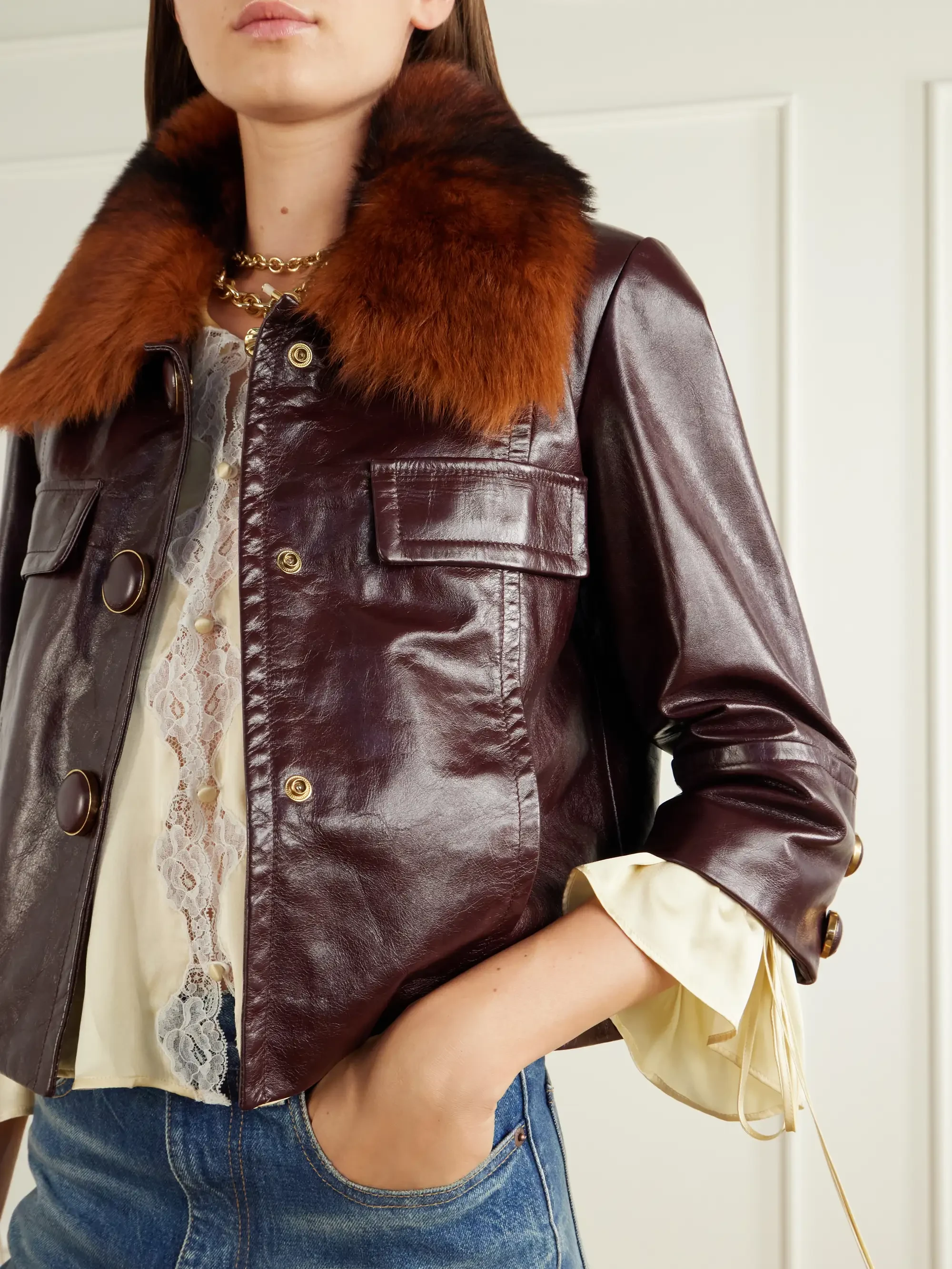 Chloé Cropped shearling-trimmed leather jacket | Thumbnail 5 Chloé Cropped shearling-trimmed leather jacket | Thumbnail 5