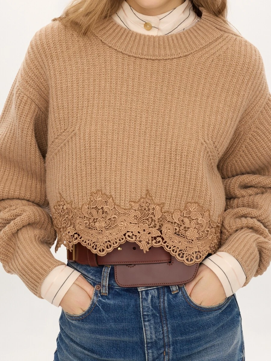 CHLOE ACCESSORIES Cropped mock-neck sweater in a wool and cashmere knit & lace | Thumbnail 3 CHLOE ACCESSORIES Cropped mock-neck sweater in a wool and cashmere knit & lace | Thumbnail 3
