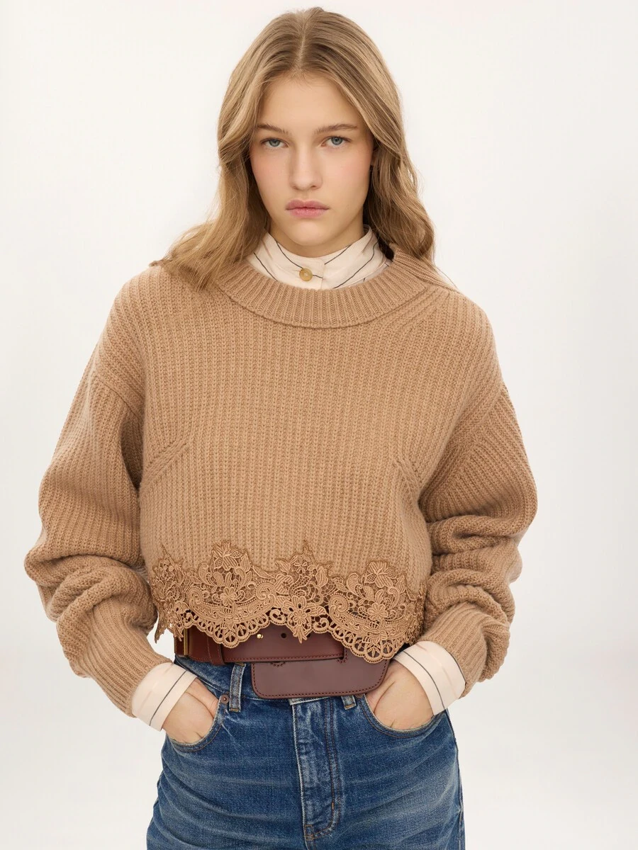 CHLOE ACCESSORIES Cropped mock-neck sweater in a wool and cashmere knit & lace | Thumbnail 5 CHLOE ACCESSORIES Cropped mock-neck sweater in a wool and cashmere knit & lace | Thumbnail 5