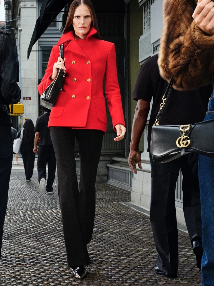 New Arrivals: GucciCore Is Here. — featuring Gucci Wool Cashmere Coat With Foulard, Gucci Pinstripe Wool Jacket, Gucci Pinstripe Wool Pants and more